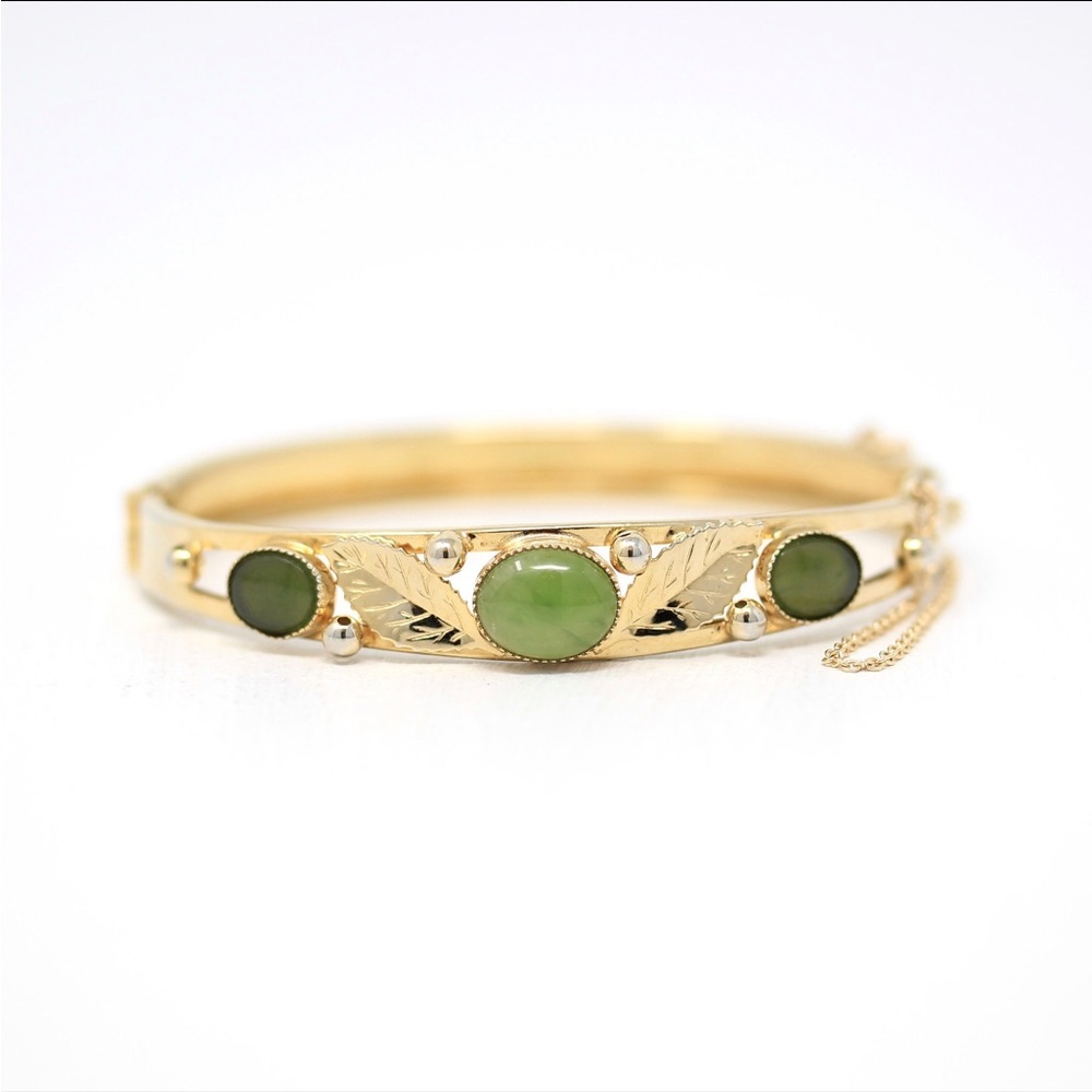 Vintage Signed Russell 12kt GF Nephrite Jade Cabochon Cuff Bracelet